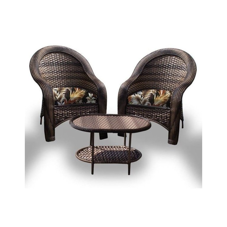 Conjunto de Poltronas Fibra Sintética Karibe - 2 Poltronas + 1 Mesa Centro - Tecido Revieira Marrom