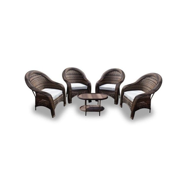 Conjunto de Poltronas Fibra Sintética Karibe - 4 Poltronas + 1 Mesa Centro - Tecido Duna Cru