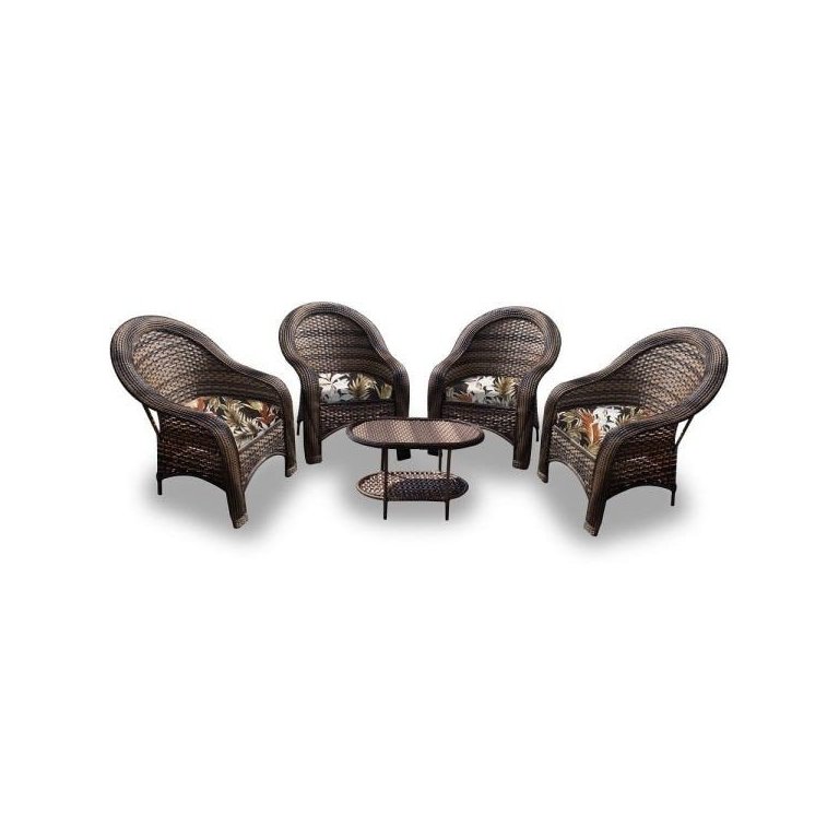 Conjunto de Poltronas Fibra Sintética karibe - 4 Poltronas + 1 Mesa Centro - Tecido Revieira Marrom