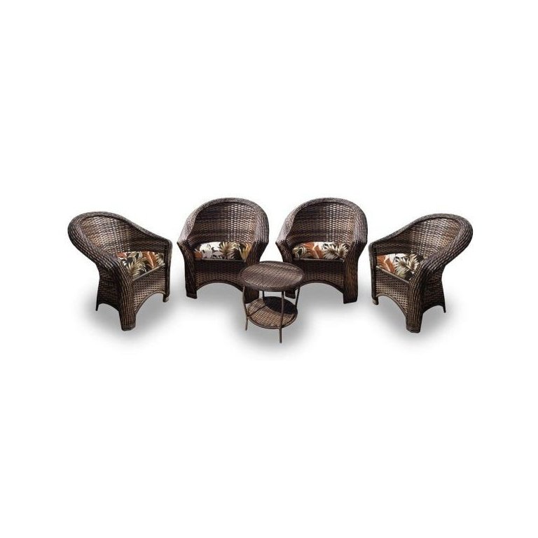 Conjunto de Poltronas Fibra Sintética Bali - 4 Poltronas + 1 Mesa Centro - Tecido Revieira Marrom