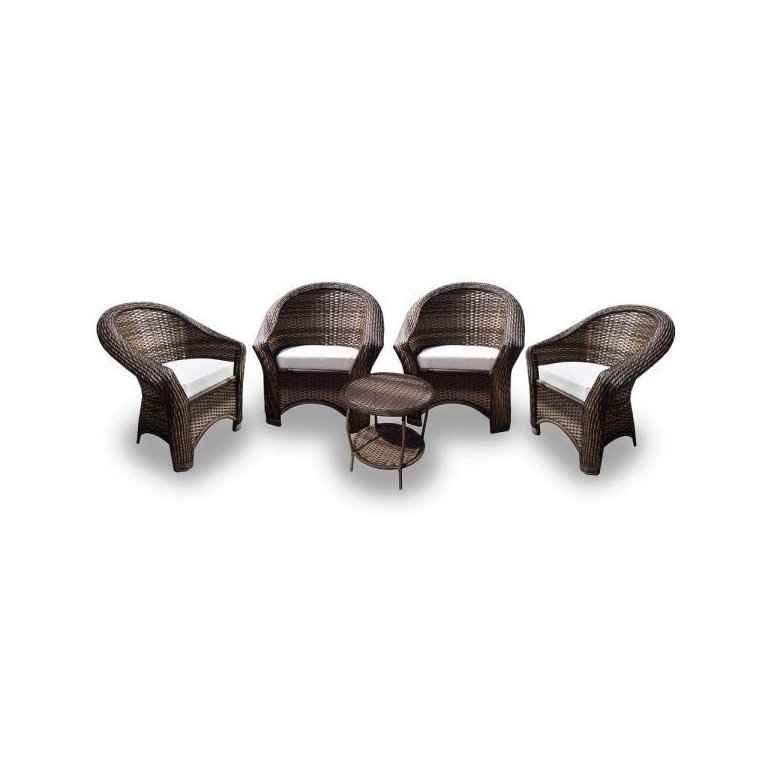 Conjunto de Poltronas Fibra Sintética Bali - 4 Poltronas + 1 Mesa Centro - Tecido Duna Cru