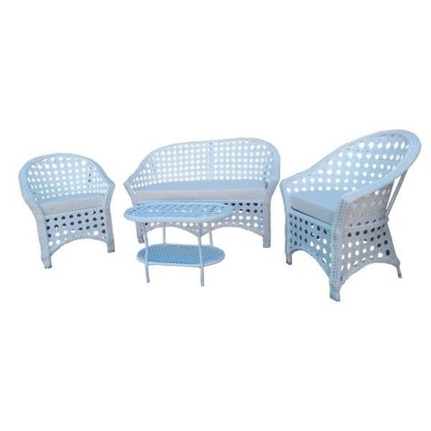 Conjunto de Sofá Fibra Sintética Branca Bali Trançado - 1 Sofá 2L + 2 Poltronas + 1 Mesa de Centro -