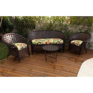 Conjunto de Sofá Fibra Sintética Bali Trançado - 1 Sofá 2L + 2 Poltronas + 1 Mesa de Centro - Tecido