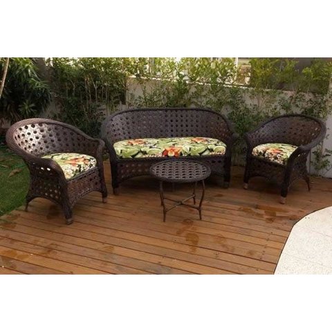 Conjunto de Sofá Fibra Sintética Bali Trançado - 1 Sofá 2L + 2 Poltronas + 1 Mesa de Centro - Tecido
