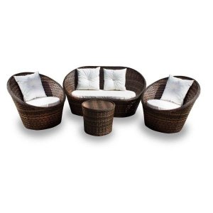 Conjunto de Sofá Fibra Sintética Bola - 1 Sofá 2 L + 2 Poltronas + 1 Mesa Centro - Tecido Duna Cru