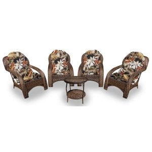 Conjunto de Poltronas Fibra Sintética Espreguiçadeira - 4 Poltronas + 1 Mesa Centro - Tecido Revieir
