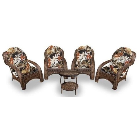 Conjunto de Poltronas Fibra Sintética Espreguiçadeira - 4 Poltronas + 1 Mesa Centro - Tecido Revieir