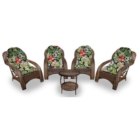 Conjunto de Poltronas Fibra Sintética Espreguiçadeira - 4 Poltronas + 1 Mesa Centro - Tecido Saquare
