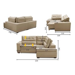 Sofá de Canto Retrátil e Reclinável com Molas 2,50x2,00 Esq Virginia Suede Bege Adonai Estofados - 2