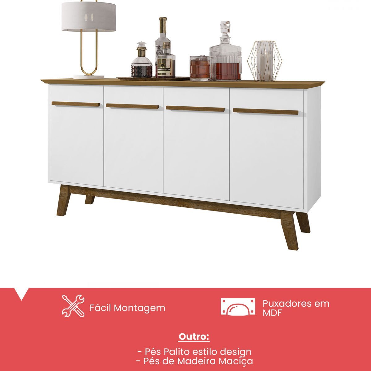 Aparador Buffet Opala com 4 Portas tampo MDF Branco/Cinamomo Sala de Jantar - 2