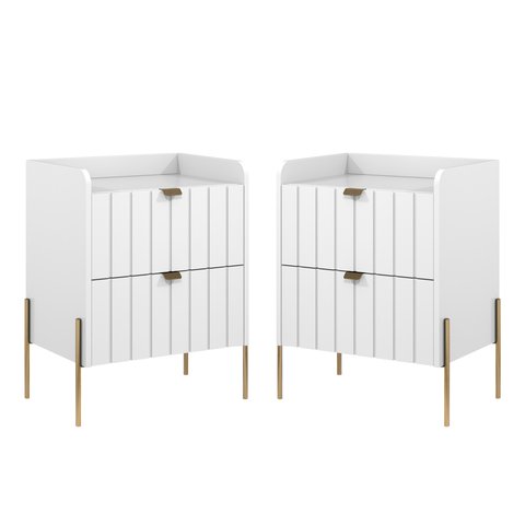 2 Mesas de Cabeceira com Gaveta Branco Madeira Mdf Pés Aço Dourado