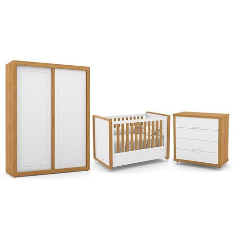 Dormitório Tutto New 2 Portas, Cômoda 4 Gavetas e Berço Branco Soft/Freijó - Matic Móveis