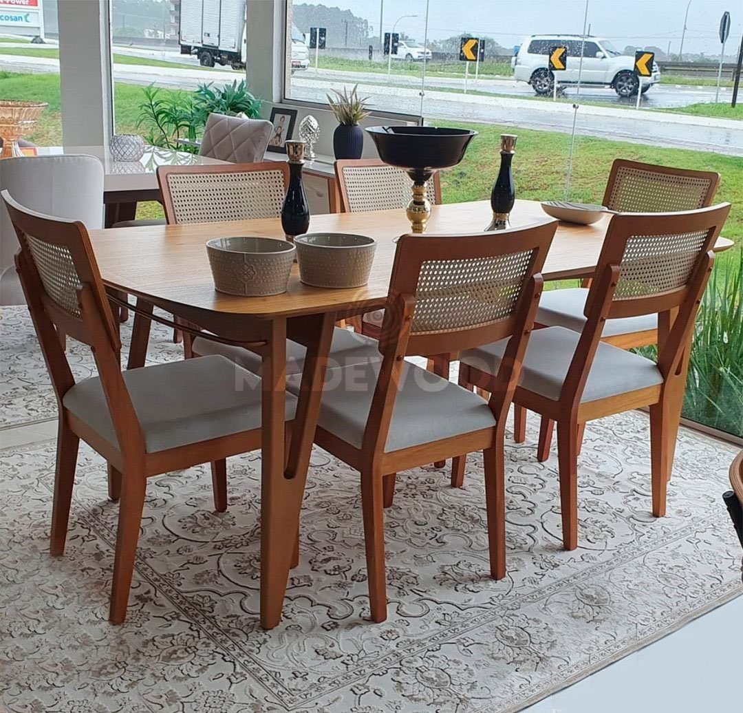 Conjunto Sala de Jantar Mesa 180x90 com 6 Cadeiras Prime Wood