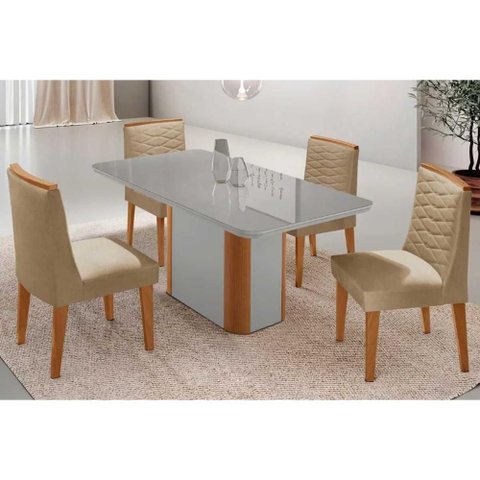 Conjunto: Mesa de Cozinha Pietã¡ Curvo 120cm + 4 Cadeiras Maldivas Madeira Naturale/off White -