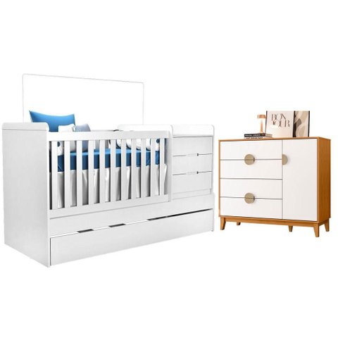 Berço Multifuncional Cléo com Cômoda Sapateira Ipe Branco Cinamomo - Móveis Albatroz