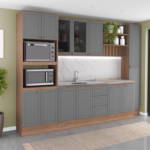 Cozinha Milla Sienna 13 Portas 3 Gavetas MDF-MDP 310cm Cinza com Nogal Móveis Carraro