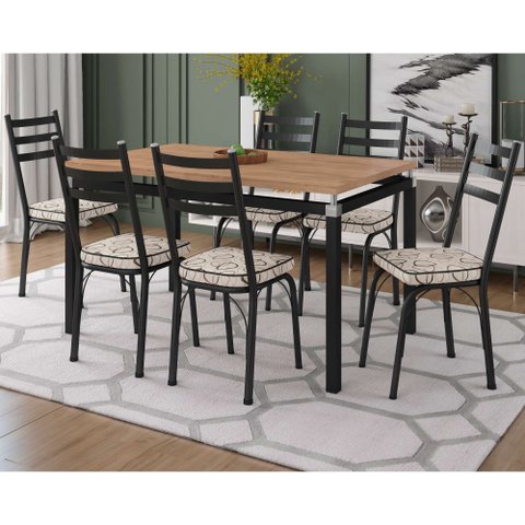 Conjunto Mesa de Jantar Tubular com 6 Cadeiras Malva Tampo Bp 136cm Nature 141 Sf Preto/cedro - Move