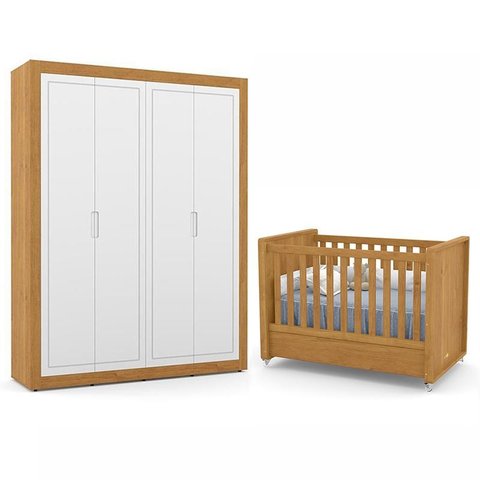 Jogo de Quarto Infantil Tutto New com Guarda Roupa 4 Portas e Berço Freijó/Branco Soft - Matic Móvei