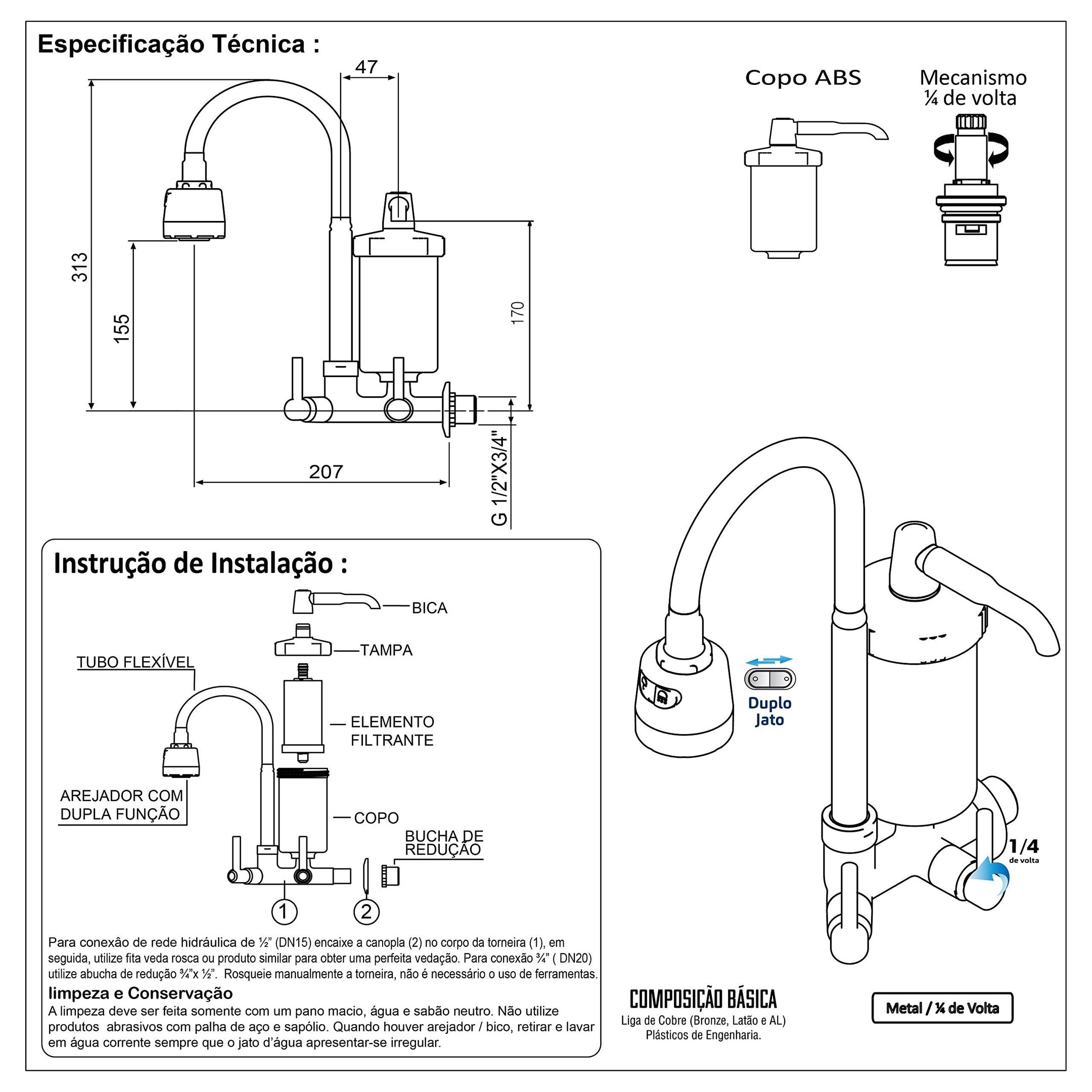 Torneira com Filtro Gourmet Pia Cozinha de Parede + 3 Refil Del Metais - 2