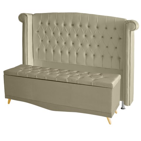 Kit Cabeceira de Cama Box e Calçadeira Baú Luxo Queen 160 Cm Suede Bege Eli Móveis
