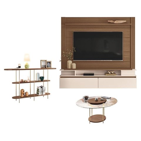 Home Suspenso Astor Castanho Off White com Mesa de Centro Sky com Tampo de Vidro e Aparador Infinity