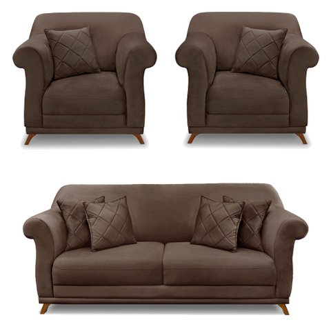 Kit 2 Poltronas e Sofá Living 2 Lugares 1,80m Vênus Veludo Pés Castanho - Pallazio - Marrom