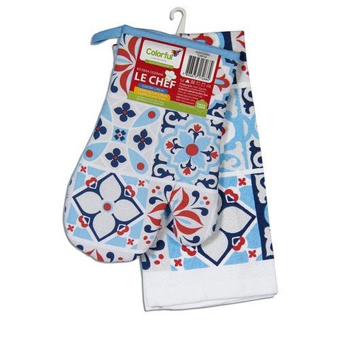 Kit Cozinha Luva Térmica + Pano de Prato Le Chef Azul
