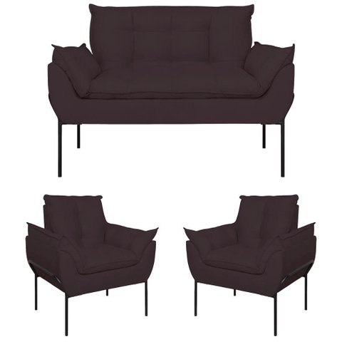 Kit 02 Poltronas + Namoradeira Pé Metal Preto Recepção Sala Cor:cinza