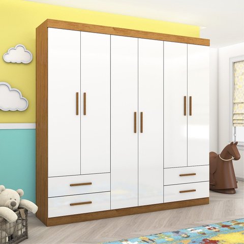 Guarda-Roupa 6 Portas 4 Gavetas Infantil Perola Branco/Cinamomo