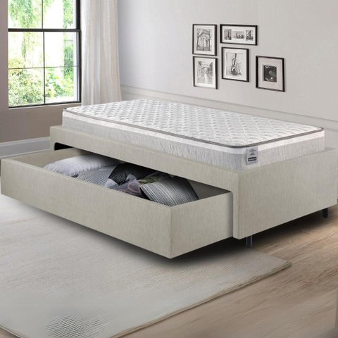 Base Box Cama Solteiro Sapateira Courino Linho Areia e Colchão Hanover Inducol 88x188