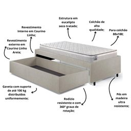 Base Box Cama Solteiro Sapateira Corino Colchão Hanover - 6