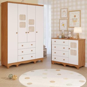 Quarto de Bebê Completo Guarda Roupas 4 Portas Cômoda 1 Porta 4 Gavetas 100% Mdf Telinha