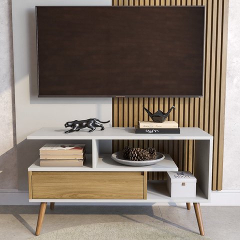 Rack Retrô para TV até 55 Polegadas MDF 90cm Pés em Madeira Maciça Aparador Estante com Porta Nicho