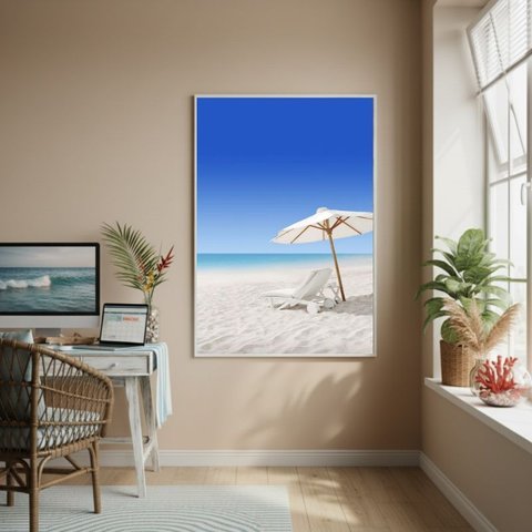 Quadro Decorativo Guarda-sol Branco-70x50cm:moldura Branca