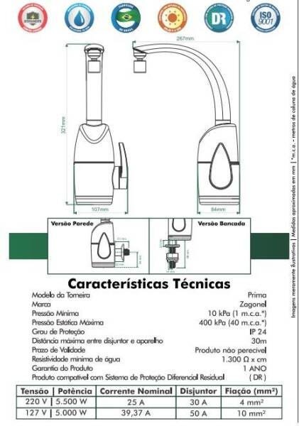 Torneira Elétrica Mesa E Parede Prima Touch Zagonel 220 V - 3