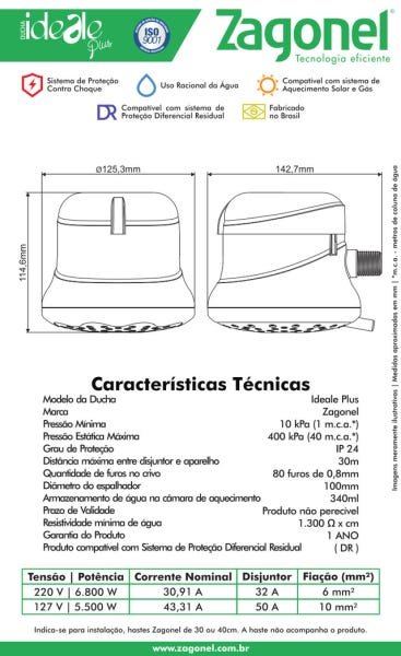 Chuveiro Ducha Ideale Plus 4 Temp 5500w 127v Branco Zagonel - 4