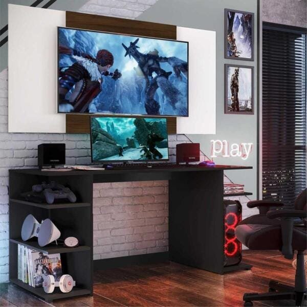 Mesa Gamer Escrivaninha com Painel Tv 65 Polegadas Guilda Multimóveis Preto/Branco/Madeirado - 1