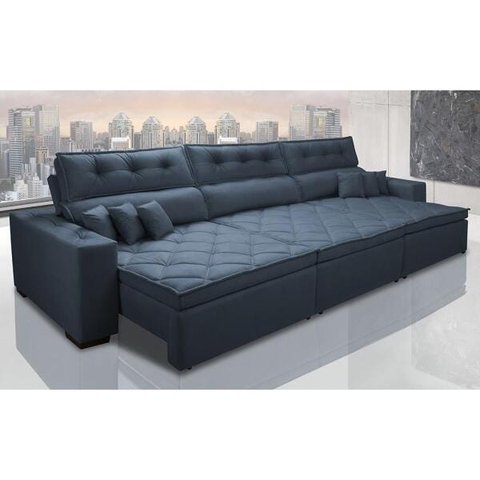 Sofá Austin 3.22M Retrátil e Reclinável com Molas No Assento e Almofadas. Tecido Suede Azul