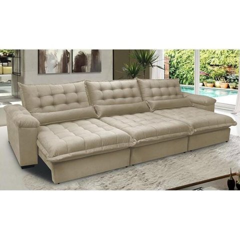 Sofá Retrátil e Reclinável 3.22M com Molas Ensacadas Cama Inbox Aconchego Tecido Suede Bege