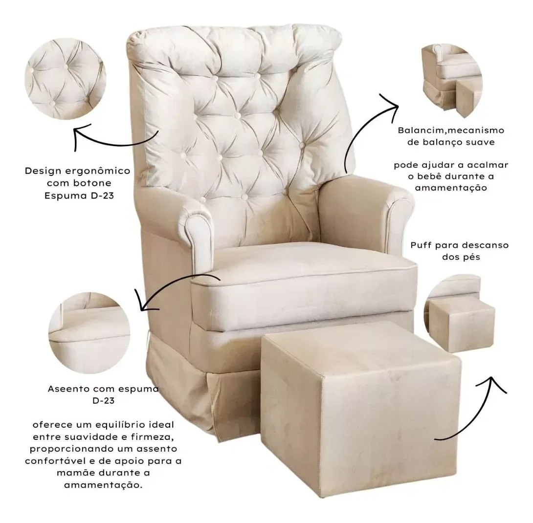 Ver imagem 5 de Poltrona de Amamentaçao Balanço e Puff Lila Baby Veludo Bege - Harmônica Móveis