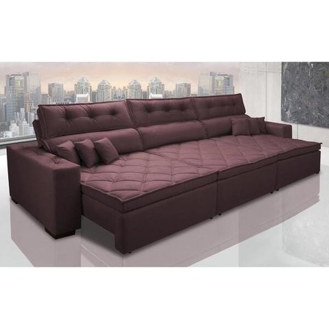 Sofá Austin 3.22M Retrátil e Reclinável com Molas No Assento e Almofadas. Tecido Suede Vinho