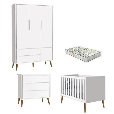 Quarto de Bebê 3 Portas e Cômoda Gaveteiro Theo Branco Pés Amadeirados com Colchão Gazin –