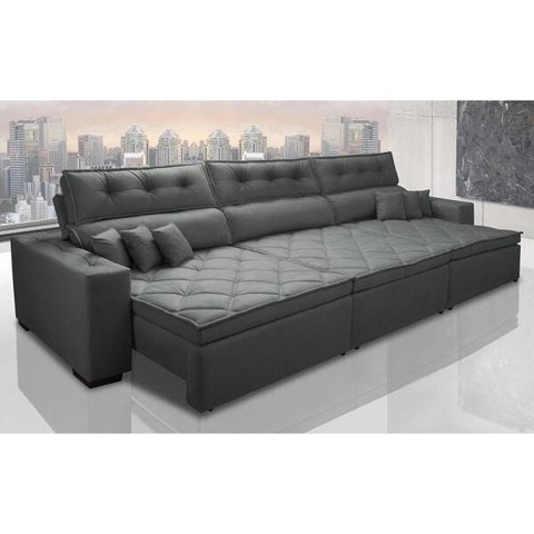 Sofá Austin 3.22M Retrátil e Reclinável com Molas No Assento e Almofadas. Tecido Suede Cinza