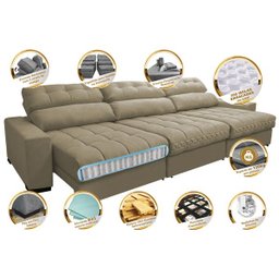 Sofá Retrátil e Reclinável com Molas Ensacadas Cama Inbox Master 3.22M Tecido Suede Bege - 3