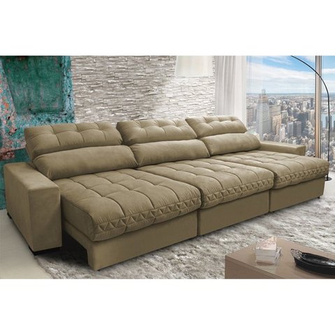 Sofá Retrátil e Reclinável com Molas Ensacadas Cama Inbox Master 3.22M Tecido Suede Bege