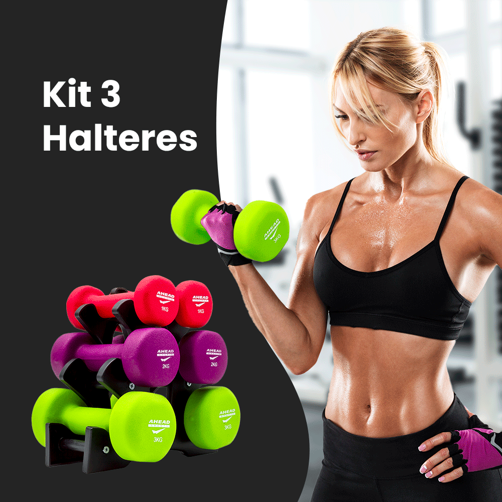Kit 3 Halteres Sextavados Peso Academia Fitness + Suporte 12Kg - 3
