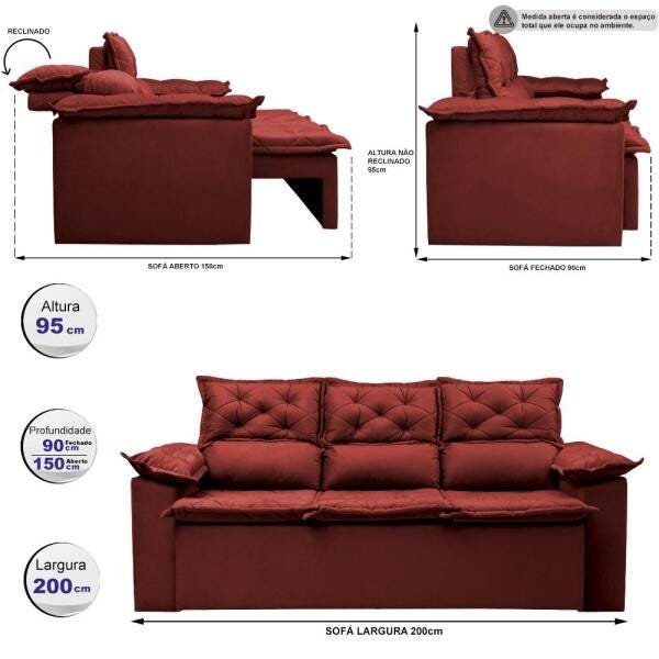 Sofá 3 Lugares Retrátil e Reclinável Cama Inbox Compact 2.00M Velusoft ...