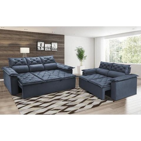 Conjunto de Sofá 3 e 2 Lugares Retrátil e Reclinável Cama Inbox Compact 2.00x1.50M Velusoft Azul