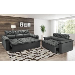 Conjunto de Sofá 3 e 2 Lugares Retrátil e Reclinável Cama Inbox Compact 2.00x1.50M Velusoft