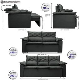 Conjunto de Sofá 3 e 2 Lugares Retrátil e Reclinável Cama Inbox Compact 2.00x1.50M Velusoft - 2
